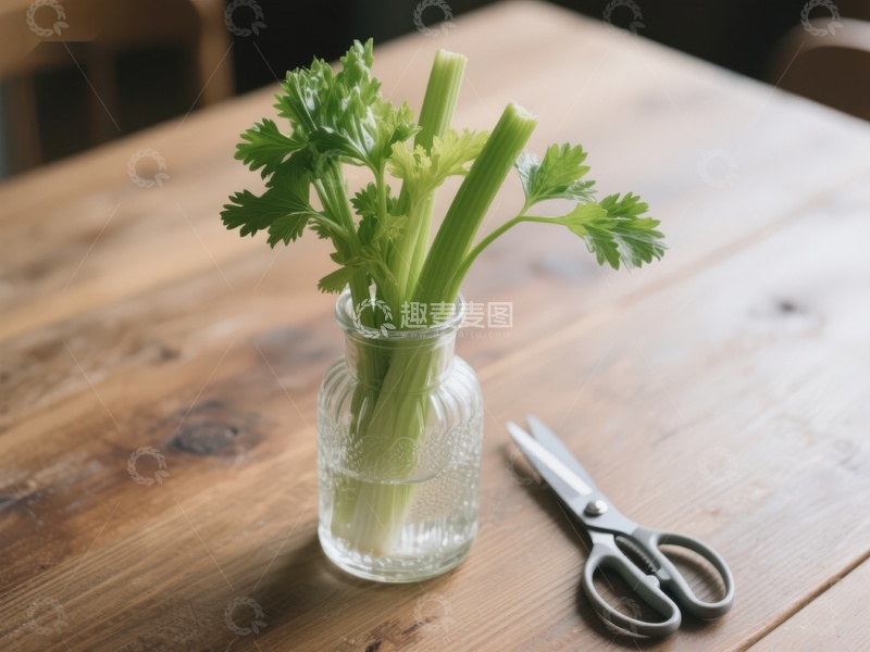 芹菜置于玻璃瓶中，旁放剪刀
