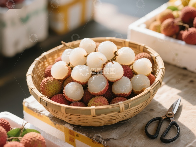 高清大图下载【趣麦麦图】新鲜荔枝装满竹篮，市场一角