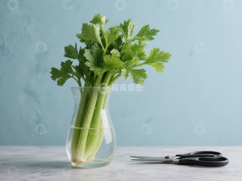 水培芹菜与剪刀静物图