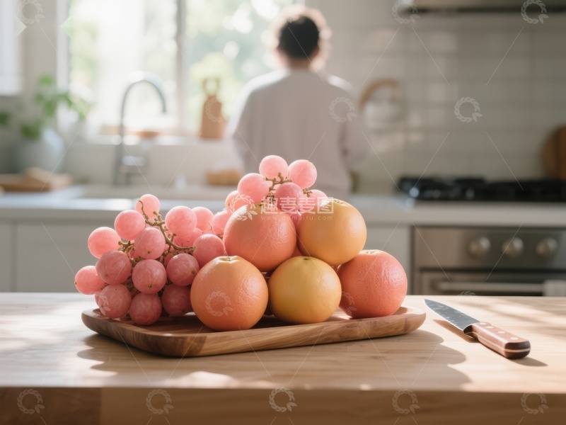高清大图下载【趣麦麦图】厨房台面上的水果与背景中的人