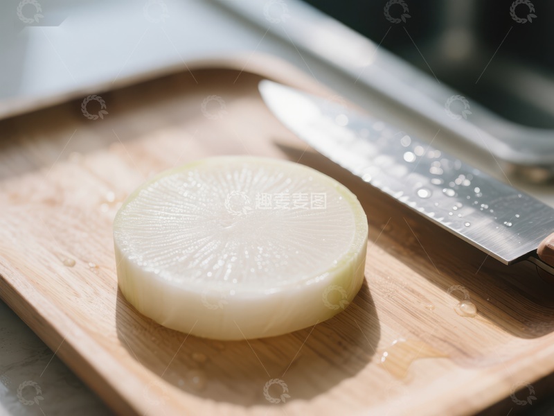 高清大图下载【趣麦麦图】切片萝卜与刀具置于木质砧板