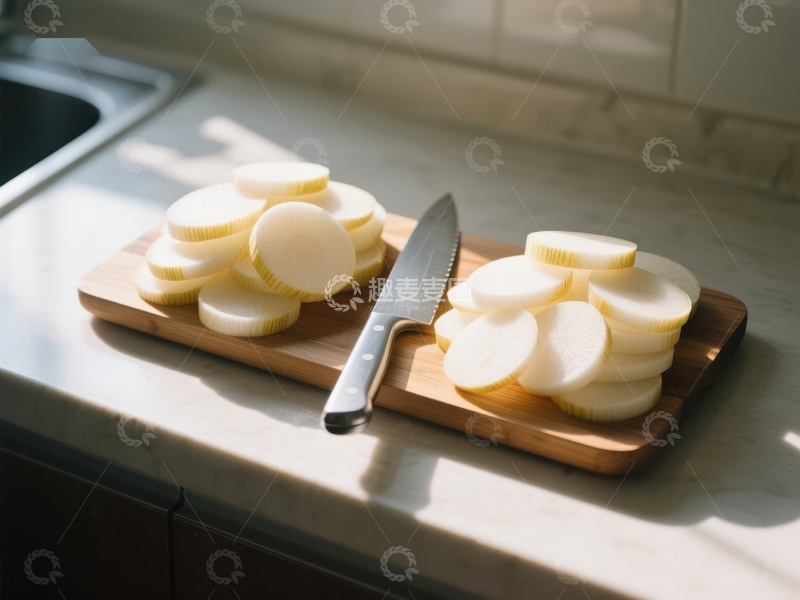 高清大图下载【趣麦麦图】切片蔬菜与刀具置于砧板上