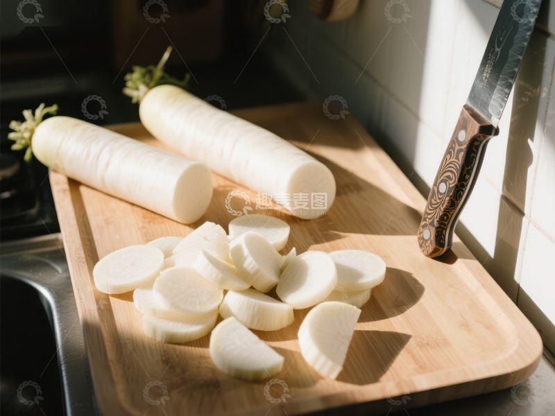 高清大图下载【趣麦麦图】切片萝卜与刀具置于砧板上