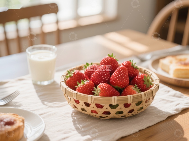 高清大图下载【趣麦麦图】新鲜草莓与牛奶的早餐场景