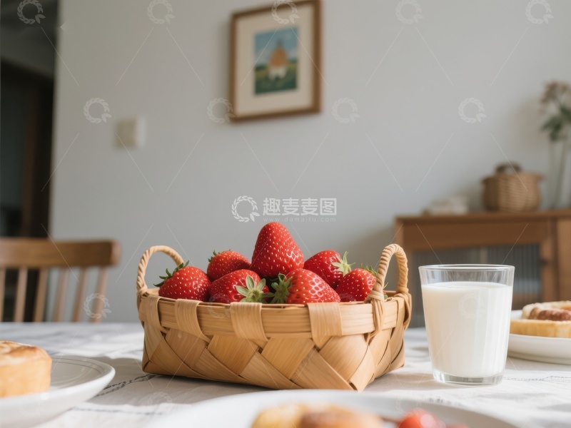 高清大图下载【趣麦麦图】新鲜草莓与牛奶的早餐桌