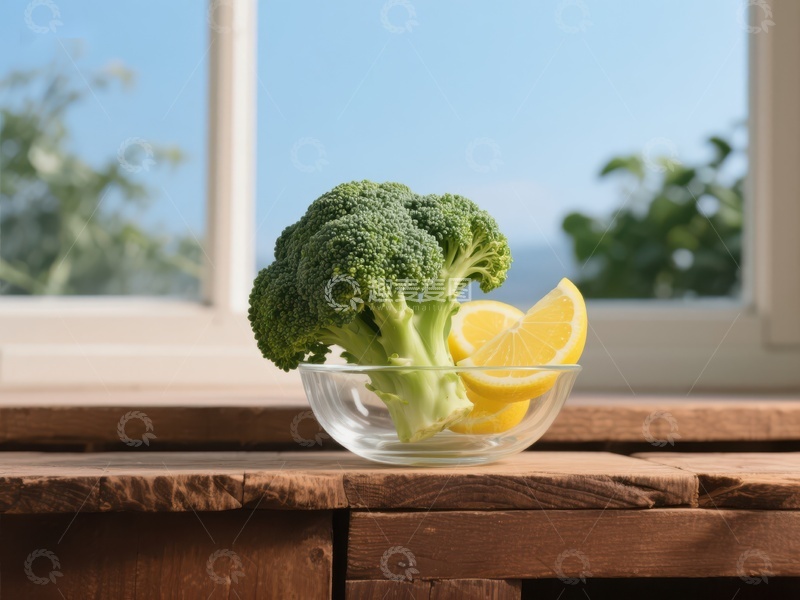 高清大图下载【趣麦麦图】西兰花与柠檬片置于窗边玻璃碗中