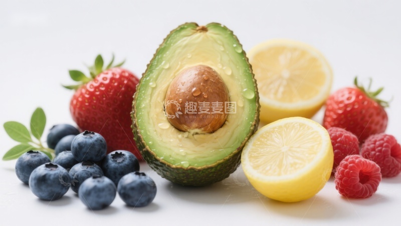高清大图下载【趣麦麦图】新鲜水果组合：牛油果、草莓、蓝莓、柠檬和覆盆子