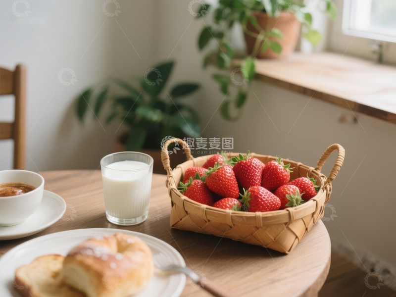 高清大图下载【趣麦麦图】早餐桌上的草莓、牛奶与面包