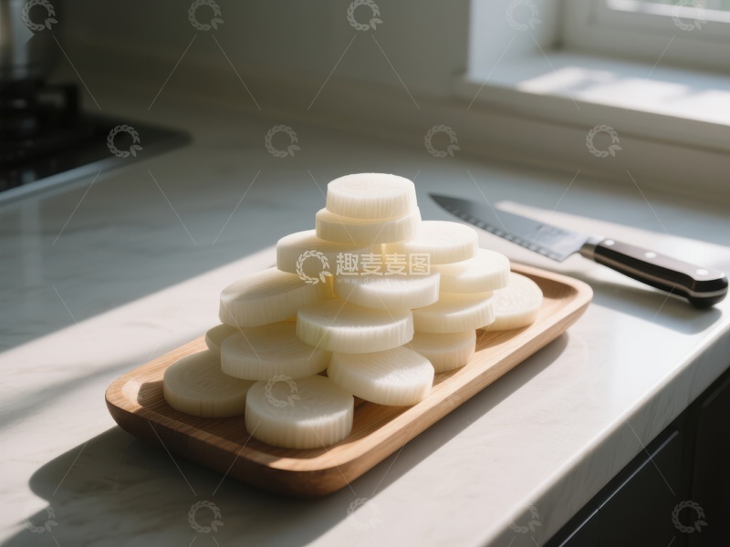 高清大图下载【趣麦麦图】切片萝卜整齐排列于木质托盘