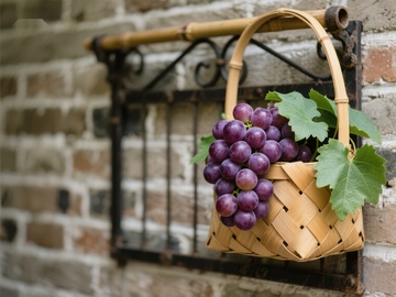 篮子里的葡萄挂在砖墙前
