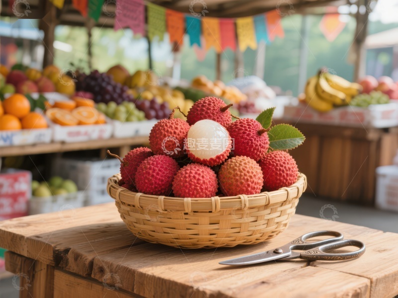 新鲜荔枝摆放在市场水果摊上