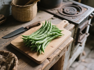 新鲜四季豆置于木制砧板上