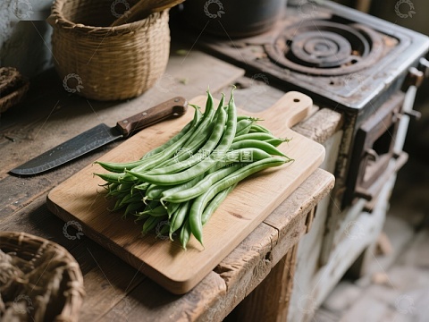 新鲜四季豆置于木制砧板上
