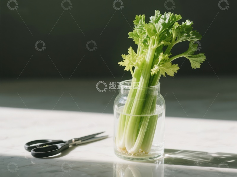 玻璃瓶中的芹菜与剪刀