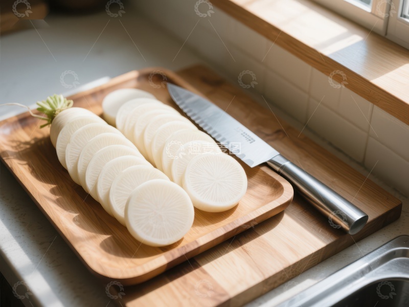 高清大图下载【趣麦麦图】切片萝卜与刀具置于木质砧板上