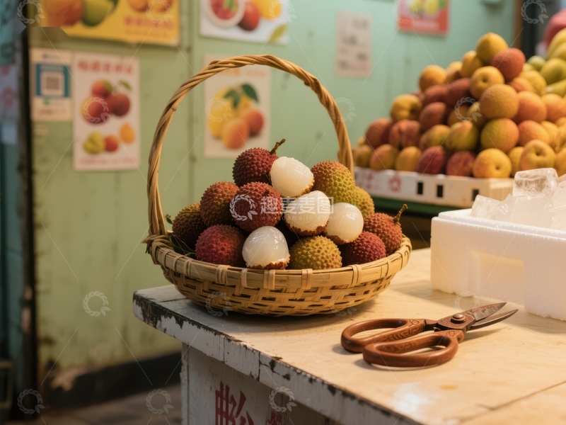 高清大图下载【趣麦麦图】新鲜荔枝与苹果的市场摊位
