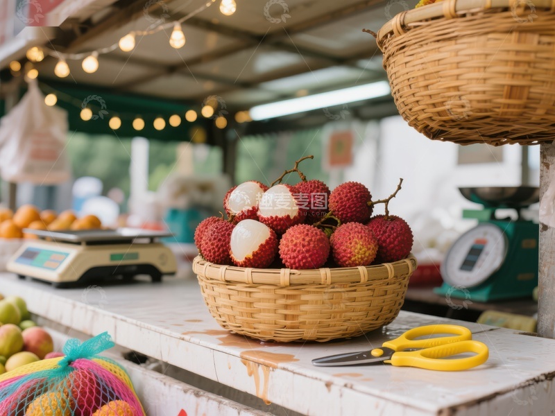 市场摊位上的新鲜荔枝