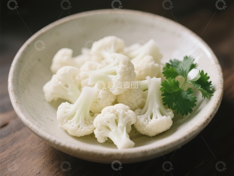 高清大图下载【趣麦麦图】新鲜花椰菜与香菜置于陶瓷碗中