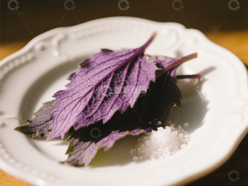 高清大图下载【趣麦麦图】紫苏叶与盐粒的静谧组合
