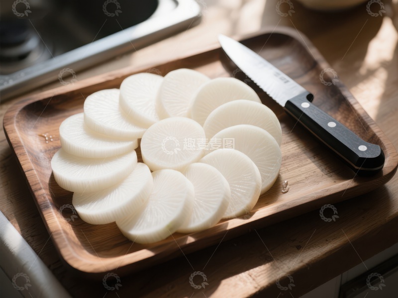 高清大图下载【趣麦麦图】切片萝卜与刀具置于木质砧板