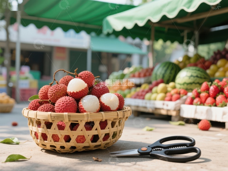 市场摊位上的新鲜荔枝和水果