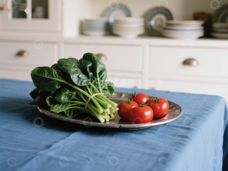 高清大图下载【趣麦麦图】新鲜菠菜与番茄置于蓝色桌布上
