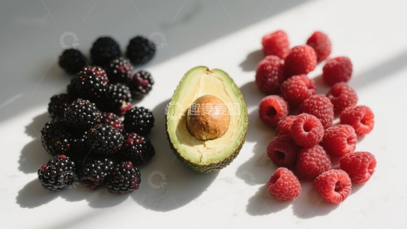 高清大图下载【趣麦麦图】新鲜水果组合：黑莓、牛油果与覆盆子