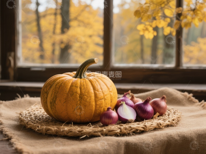 高清大图下载【趣麦麦图】秋日窗前的南瓜与洋葱
