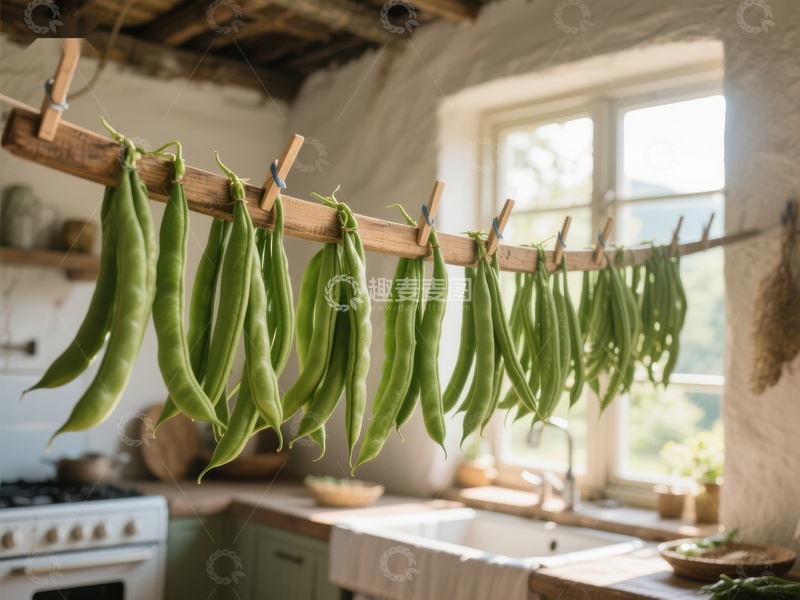 高清大图下载【趣麦麦图】厨房内悬挂的绿色豆荚