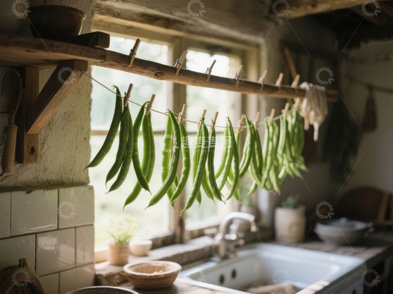 高清大图下载【趣麦麦图】厨房窗边晾晒的绿色豆荚