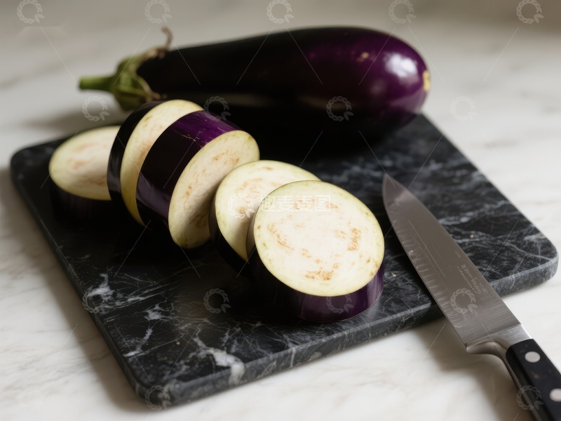 高清大图下载【趣麦麦图】切片茄子置于大理石砧板上