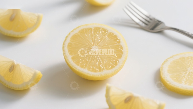 高清大图下载【趣麦麦图】新鲜柠檬切片与叉子的静物图