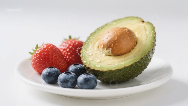 高清大图下载【趣麦麦图】新鲜水果组合：牛油果、草莓与蓝莓