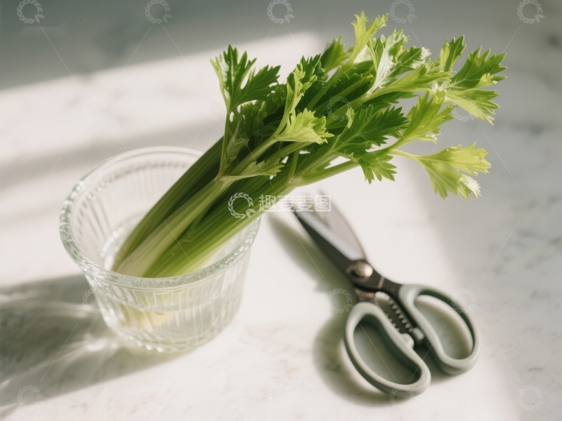 高清大图下载【趣麦麦图】新鲜芹菜与剪刀置于玻璃杯旁