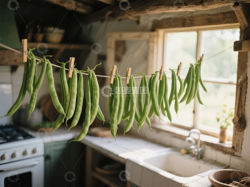 高清大图下载【趣麦麦图】厨房窗边晾晒的绿色豆荚