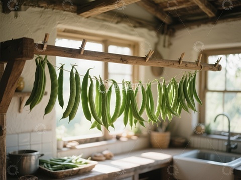 厨房中悬挂的绿色豆荚