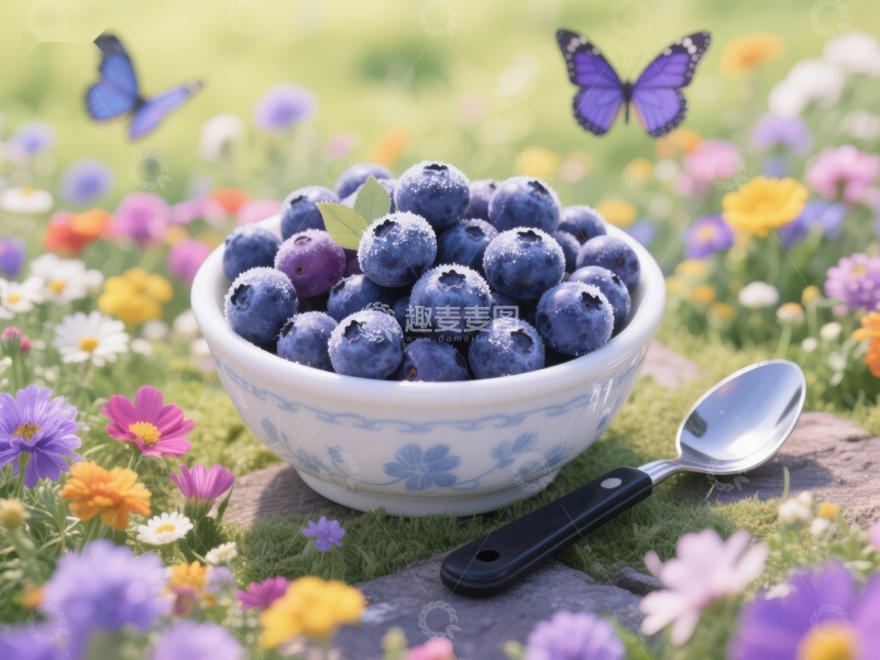 高清大图下载【趣麦麦图】蓝莓碗置于花丛中，蝴蝶翩翩