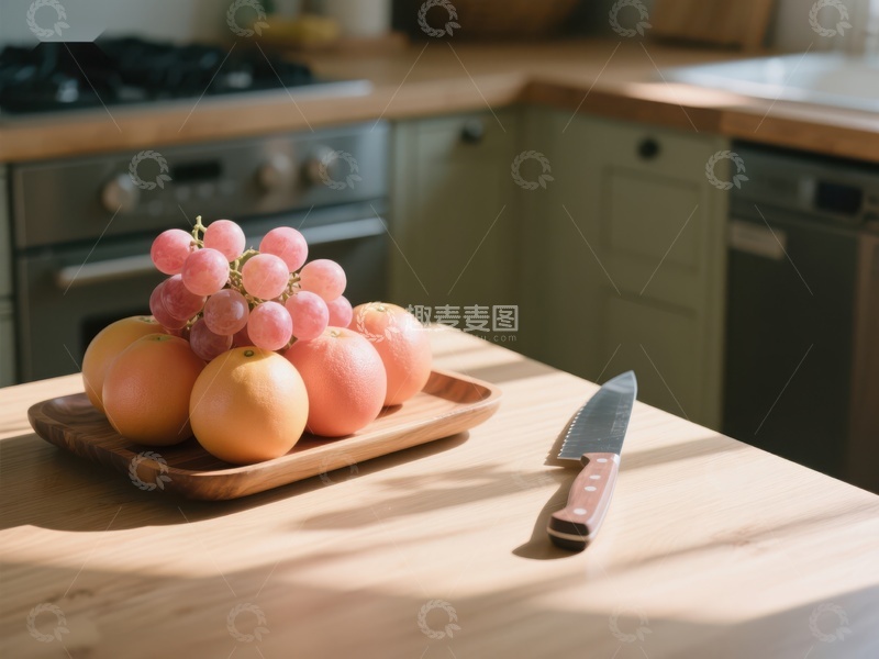 高清大图下载【趣麦麦图】厨房台面上的水果与刀具