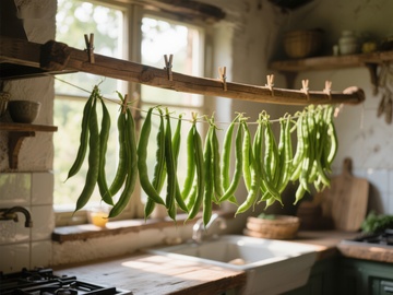 厨房悬挂的绿色豆荚
