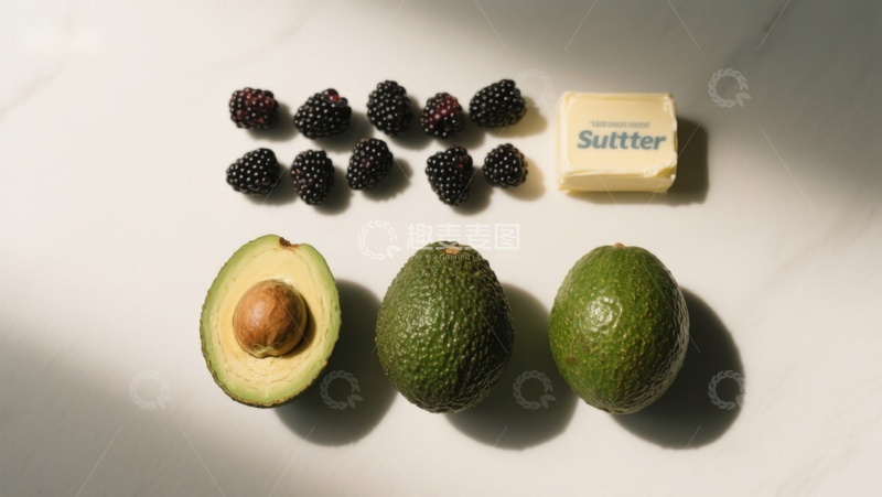 高清大图下载【趣麦麦图】牛油果、黑莓与黄油的静物组合