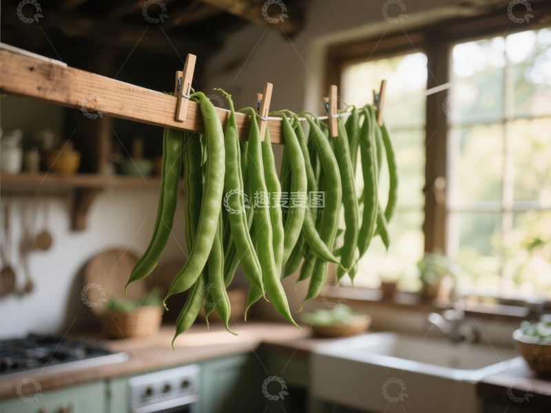 高清大图下载【趣麦麦图】厨房窗边悬挂的绿色豆荚