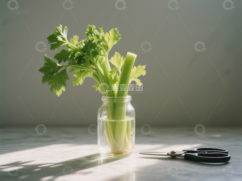 芹菜置于玻璃瓶中，旁置剪刀