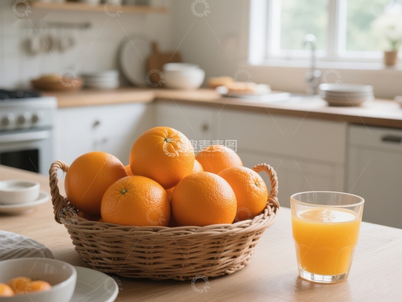 高清大图下载【趣麦麦图】厨房桌上的橙子篮与橙汁