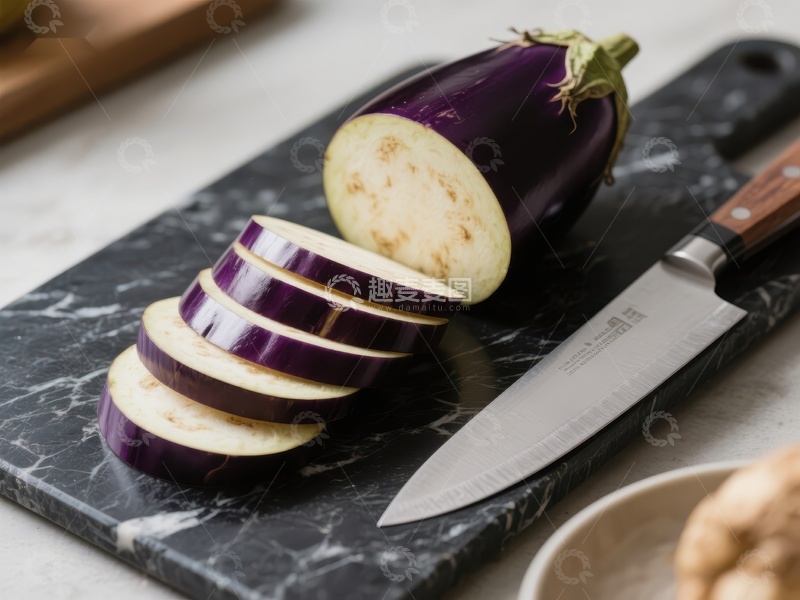 高清大图下载【趣麦麦图】切片茄子与刀具