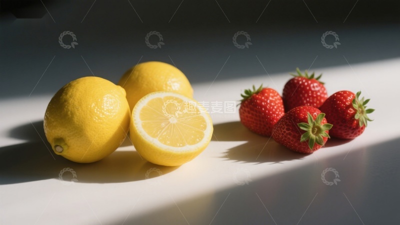 高清大图下载【趣麦麦图】柠檬与草莓的光影对比