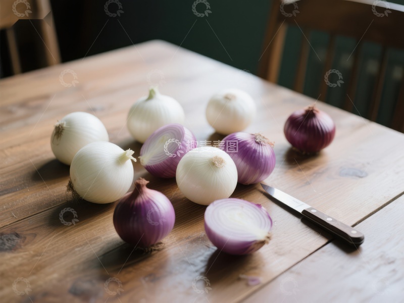 高清大图下载【趣麦麦图】洋葱与刀具在木质桌面上的静物布置