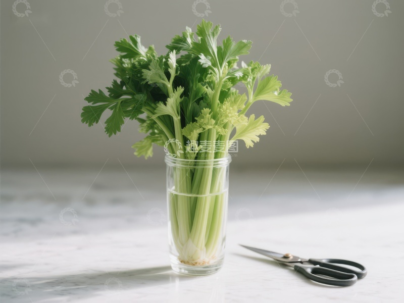玻璃杯中的芹菜与剪刀