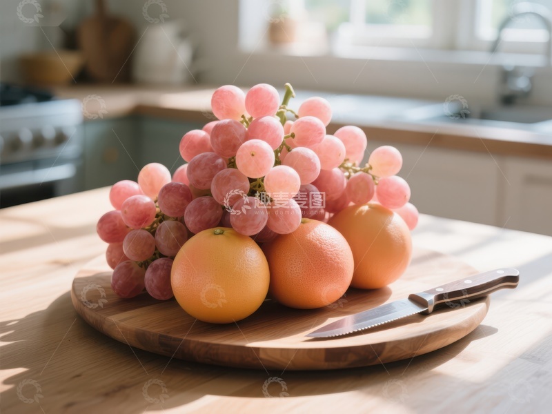 高清大图下载【趣麦麦图】葡萄与橙子静置厨房案板