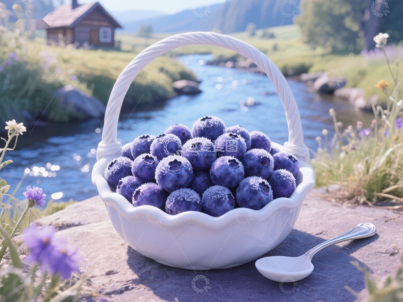 高清大图下载【趣麦麦图】篮中蓝莓，溪边静谧