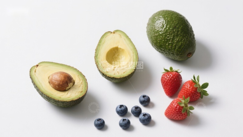 高清大图下载【趣麦麦图】新鲜水果组合：牛油果、草莓与蓝莓